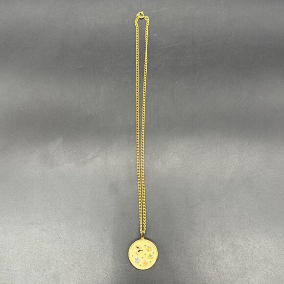 Hummingbird Flower Pendant Necklace Enamel Gold Tone 18" Chain Whimsical Nature - Picture 4 of 7